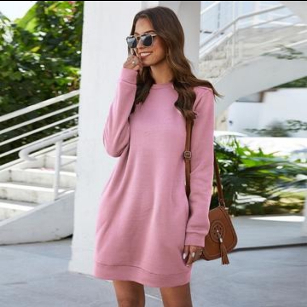 SOLID COLOR O-NECK CASUAL MINI DRESS.This is more of a long sweater